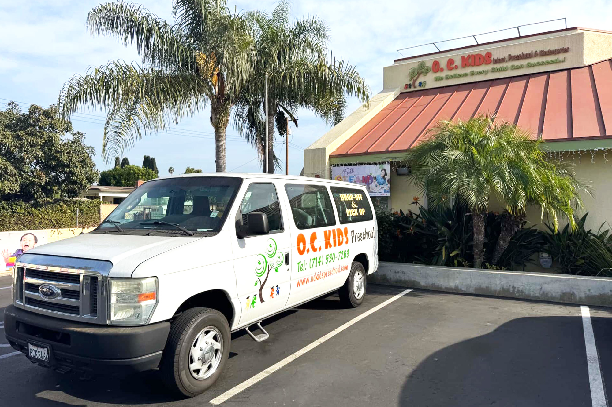 School bus in transport facility at Garden Grove preschool